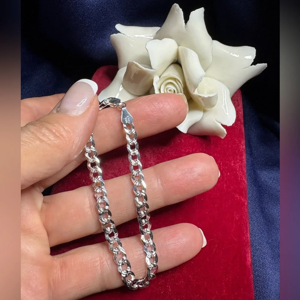 Bracelet Flat Cuban Link 925 Sterling Silver Lobster Clasp